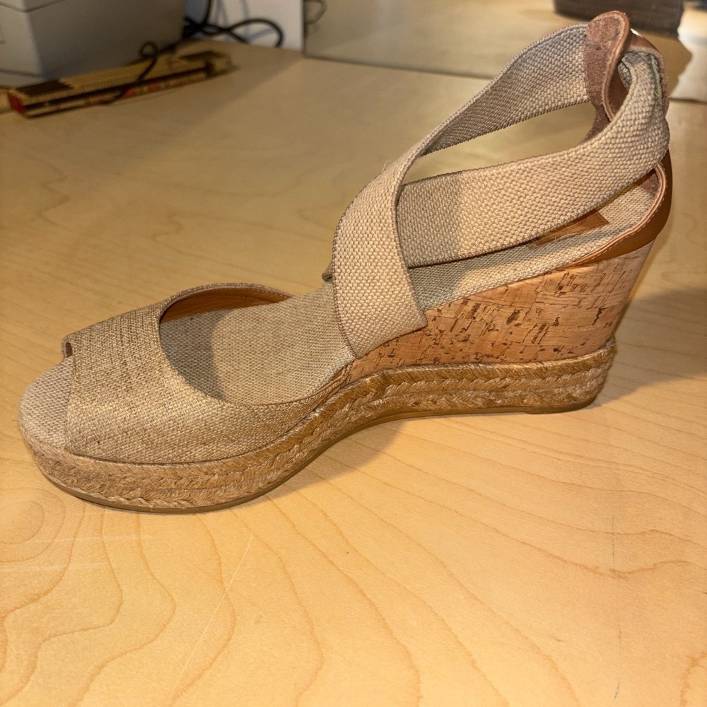 Tory Burch Natanya Espadrille Wedges Women Sz 7 Beige Linen Cork Sandal Spain - Picture 5 of 12